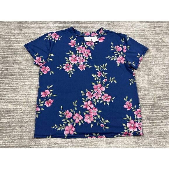 Secret Treasures Top Womens‎ Large Blue Floral Short Sleeve Polyester - Picture 1 of 10